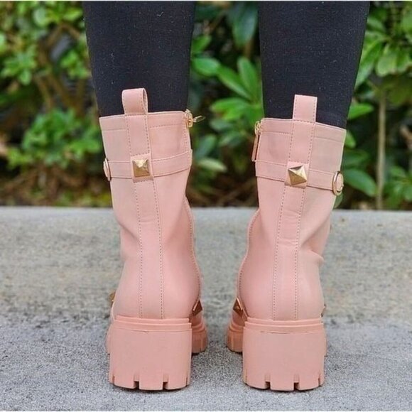 Women's Nude Pyramid Stud Ankle Combat Boot - Picture 3 of 5